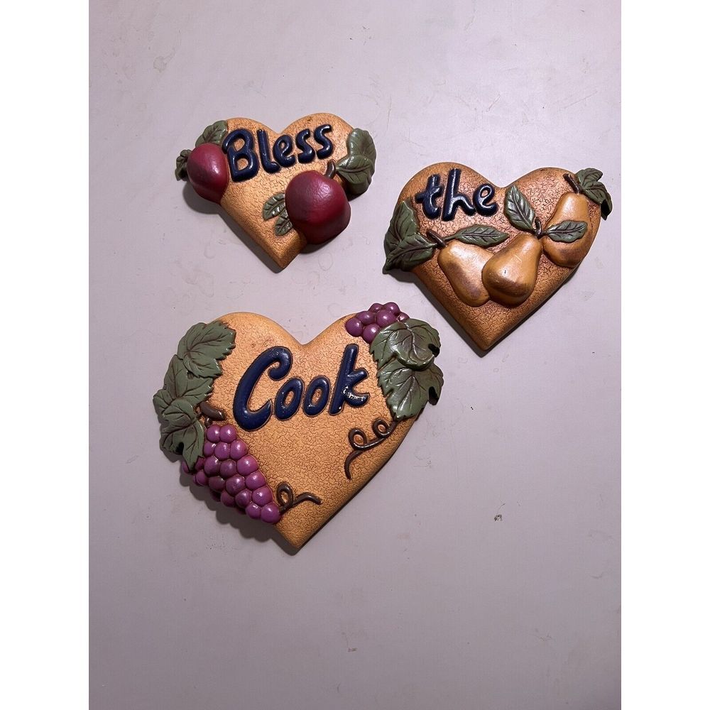 VTG Home Interiors The Cook Wall Art Heart Shaped Grapes Pears Fruit 3 Piece MCM